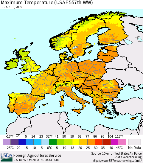 Europe Mean Maximum Temperature (USAF 557th WW) Thematic Map For 6/3/2019 - 6/9/2019