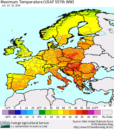 Europe Mean Maximum Temperature (USAF 557th WW) Thematic Map For 6/10/2019 - 6/16/2019