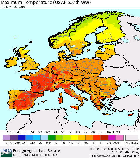 Europe Mean Maximum Temperature (USAF 557th WW) Thematic Map For 6/24/2019 - 6/30/2019