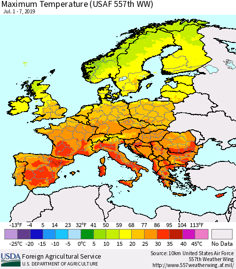 Europe Mean Maximum Temperature (USAF 557th WW) Thematic Map For 7/1/2019 - 7/7/2019