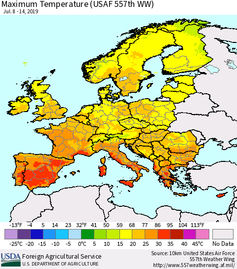Europe Mean Maximum Temperature (USAF 557th WW) Thematic Map For 7/8/2019 - 7/14/2019
