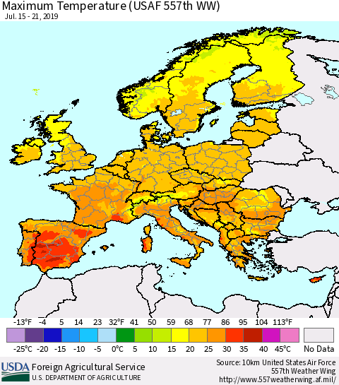 Europe Mean Maximum Temperature (USAF 557th WW) Thematic Map For 7/15/2019 - 7/21/2019