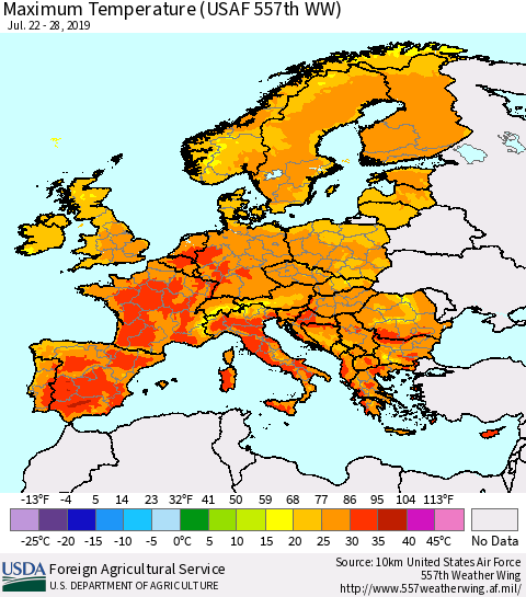 Europe Mean Maximum Temperature (USAF 557th WW) Thematic Map For 7/22/2019 - 7/28/2019