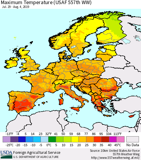 Europe Mean Maximum Temperature (USAF 557th WW) Thematic Map For 7/29/2019 - 8/4/2019