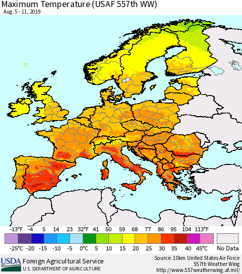 Europe Mean Maximum Temperature (USAF 557th WW) Thematic Map For 8/5/2019 - 8/11/2019