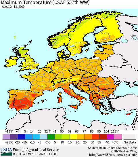 Europe Mean Maximum Temperature (USAF 557th WW) Thematic Map For 8/12/2019 - 8/18/2019