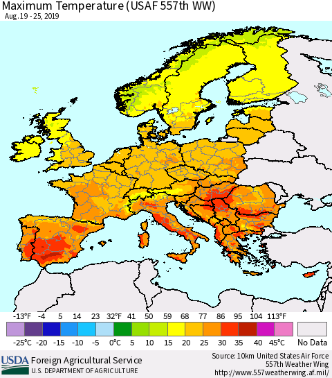 Europe Mean Maximum Temperature (USAF 557th WW) Thematic Map For 8/19/2019 - 8/25/2019