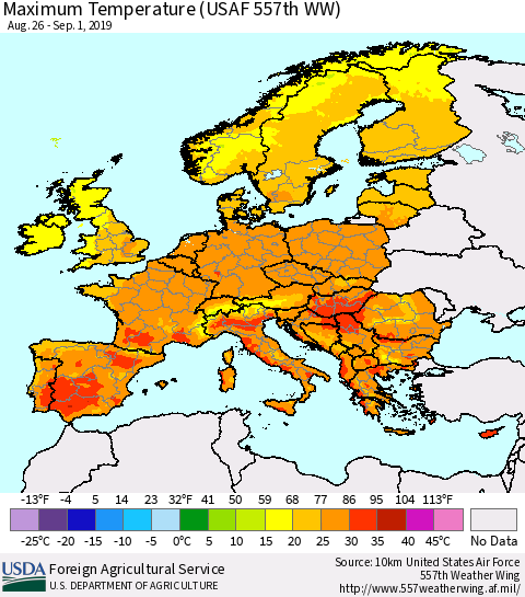 Europe Mean Maximum Temperature (USAF 557th WW) Thematic Map For 8/26/2019 - 9/1/2019