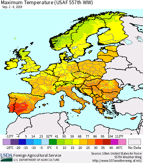 Europe Mean Maximum Temperature (USAF 557th WW) Thematic Map For 9/2/2019 - 9/8/2019