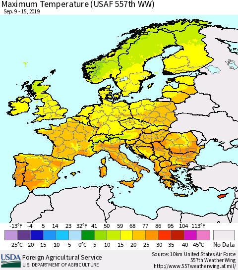 Europe Mean Maximum Temperature (USAF 557th WW) Thematic Map For 9/9/2019 - 9/15/2019