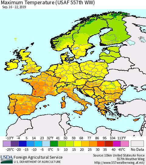 Europe Mean Maximum Temperature (USAF 557th WW) Thematic Map For 9/16/2019 - 9/22/2019