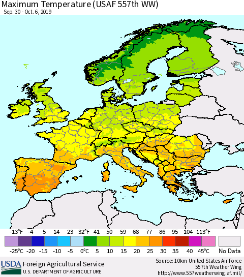 Europe Mean Maximum Temperature (USAF 557th WW) Thematic Map For 9/30/2019 - 10/6/2019