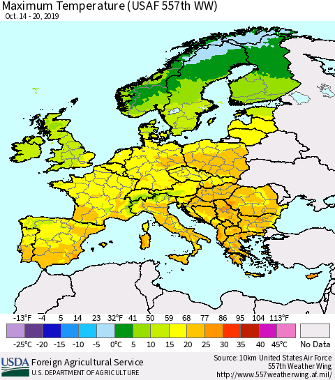 Europe Mean Maximum Temperature (USAF 557th WW) Thematic Map For 10/14/2019 - 10/20/2019