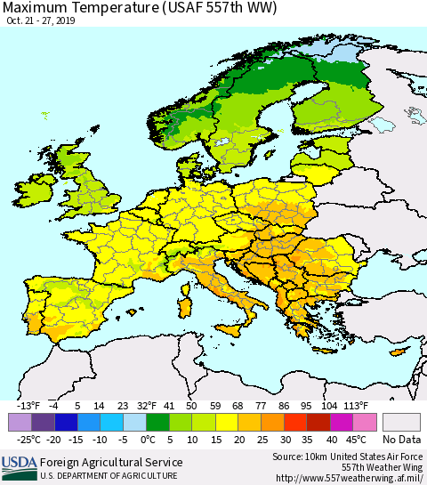 Europe Mean Maximum Temperature (USAF 557th WW) Thematic Map For 10/21/2019 - 10/27/2019