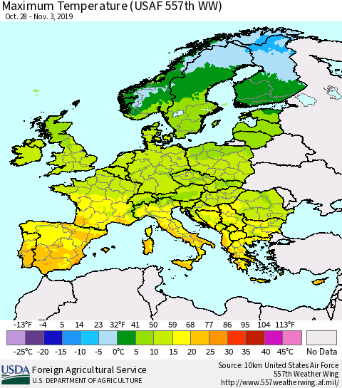 Europe Mean Maximum Temperature (USAF 557th WW) Thematic Map For 10/28/2019 - 11/3/2019