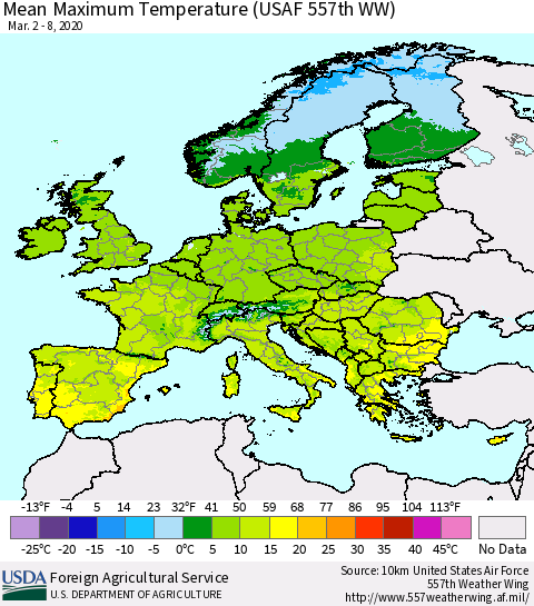Europe Mean Maximum Temperature (USAF 557th WW) Thematic Map For 3/2/2020 - 3/8/2020