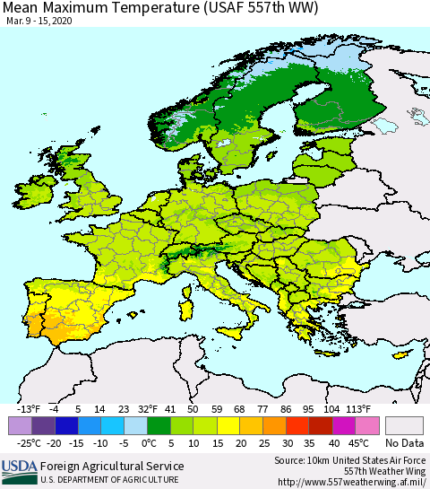 Europe Mean Maximum Temperature (USAF 557th WW) Thematic Map For 3/9/2020 - 3/15/2020