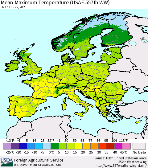 Europe Mean Maximum Temperature (USAF 557th WW) Thematic Map For 3/16/2020 - 3/22/2020