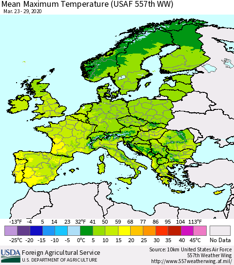 Europe Mean Maximum Temperature (USAF 557th WW) Thematic Map For 3/23/2020 - 3/29/2020