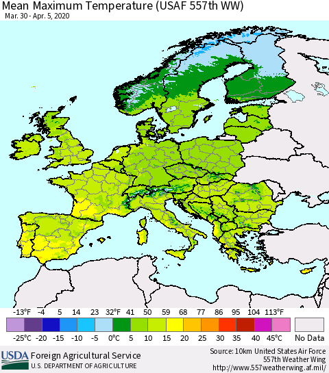 Europe Mean Maximum Temperature (USAF 557th WW) Thematic Map For 3/30/2020 - 4/5/2020