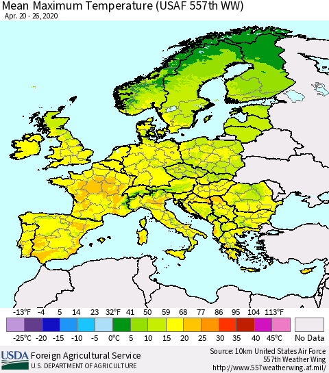 Europe Mean Maximum Temperature (USAF 557th WW) Thematic Map For 4/20/2020 - 4/26/2020