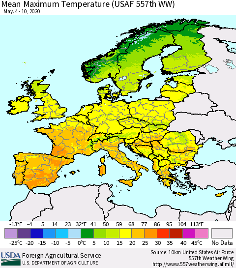 Europe Mean Maximum Temperature (USAF 557th WW) Thematic Map For 5/4/2020 - 5/10/2020