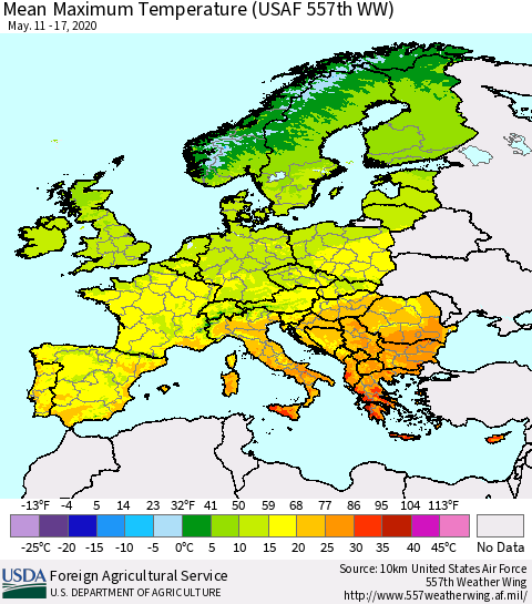 Europe Mean Maximum Temperature (USAF 557th WW) Thematic Map For 5/11/2020 - 5/17/2020