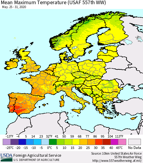 Europe Mean Maximum Temperature (USAF 557th WW) Thematic Map For 5/25/2020 - 5/31/2020