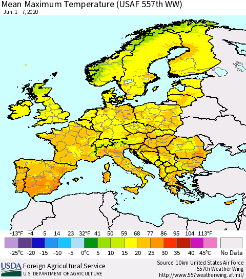 Europe Mean Maximum Temperature (USAF 557th WW) Thematic Map For 6/1/2020 - 6/7/2020