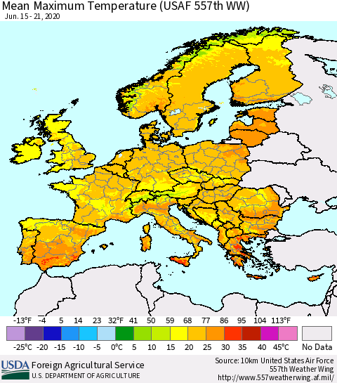 Europe Mean Maximum Temperature (USAF 557th WW) Thematic Map For 6/15/2020 - 6/21/2020