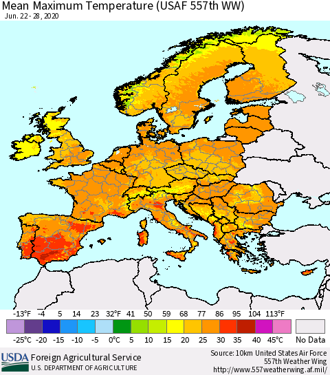 Europe Mean Maximum Temperature (USAF 557th WW) Thematic Map For 6/22/2020 - 6/28/2020