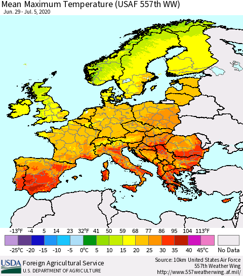 Europe Mean Maximum Temperature (USAF 557th WW) Thematic Map For 6/29/2020 - 7/5/2020
