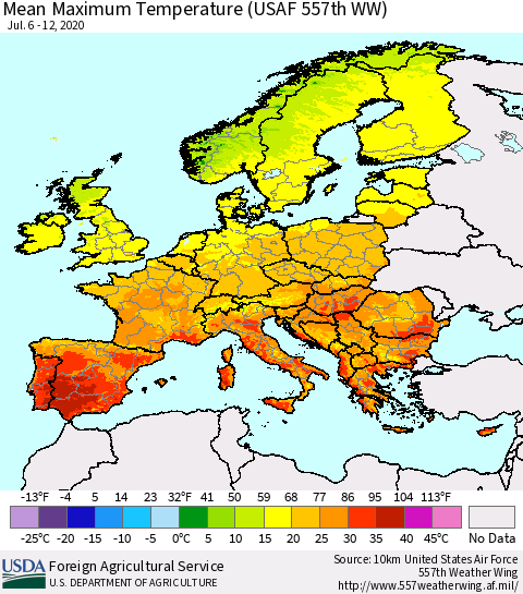Europe Mean Maximum Temperature (USAF 557th WW) Thematic Map For 7/6/2020 - 7/12/2020