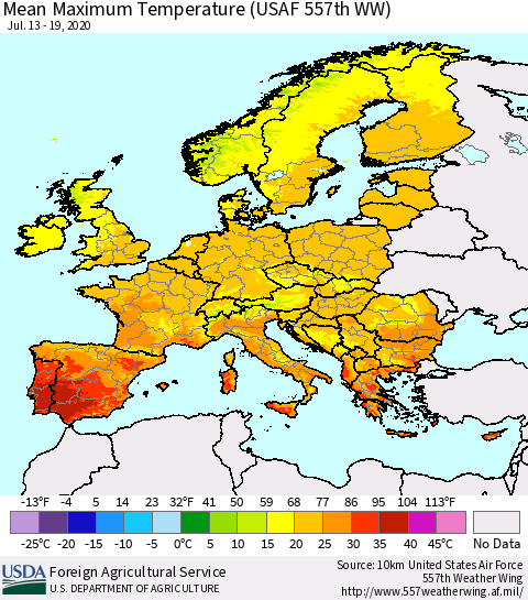 Europe Mean Maximum Temperature (USAF 557th WW) Thematic Map For 7/13/2020 - 7/19/2020
