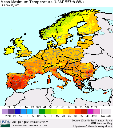 Europe Mean Maximum Temperature (USAF 557th WW) Thematic Map For 7/20/2020 - 7/26/2020