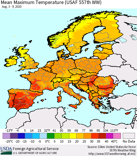 Europe Mean Maximum Temperature (USAF 557th WW) Thematic Map For 8/3/2020 - 8/9/2020