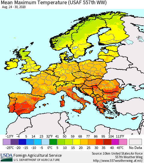 Europe Mean Maximum Temperature (USAF 557th WW) Thematic Map For 8/24/2020 - 8/30/2020