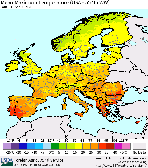 Europe Mean Maximum Temperature (USAF 557th WW) Thematic Map For 8/31/2020 - 9/6/2020