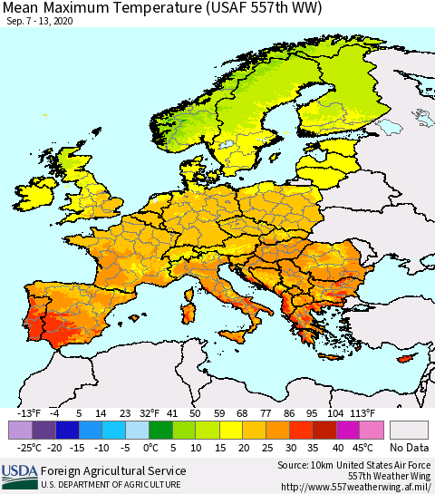 Europe Mean Maximum Temperature (USAF 557th WW) Thematic Map For 9/7/2020 - 9/13/2020