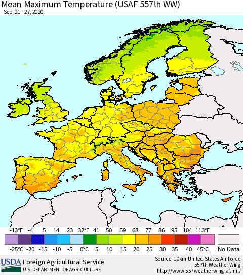 Europe Mean Maximum Temperature (USAF 557th WW) Thematic Map For 9/21/2020 - 9/27/2020