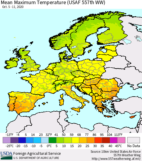 Europe Mean Maximum Temperature (USAF 557th WW) Thematic Map For 10/5/2020 - 10/11/2020