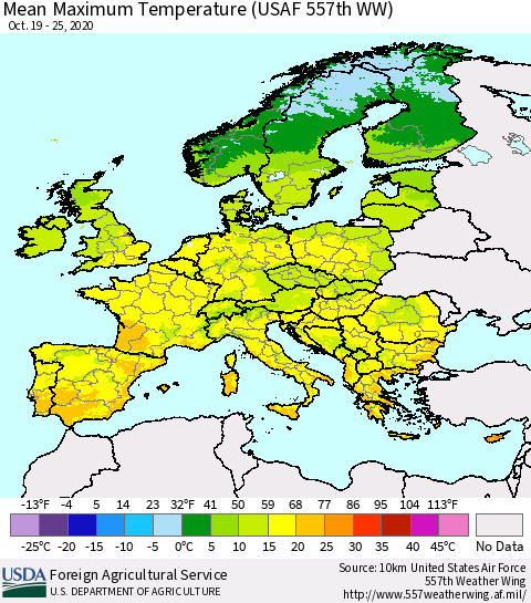 Europe Mean Maximum Temperature (USAF 557th WW) Thematic Map For 10/19/2020 - 10/25/2020