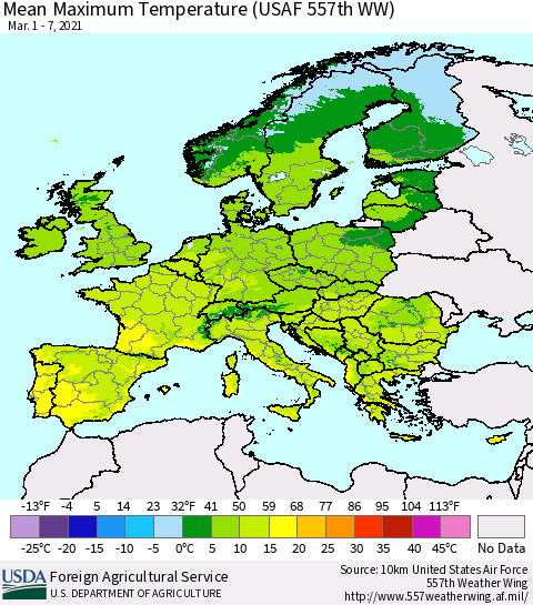 Europe Mean Maximum Temperature (USAF 557th WW) Thematic Map For 3/1/2021 - 3/7/2021