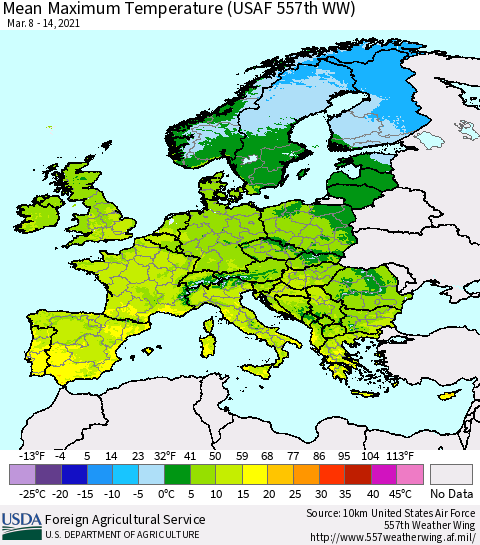 Europe Mean Maximum Temperature (USAF 557th WW) Thematic Map For 3/8/2021 - 3/14/2021