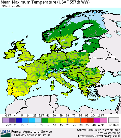 Europe Mean Maximum Temperature (USAF 557th WW) Thematic Map For 3/15/2021 - 3/21/2021