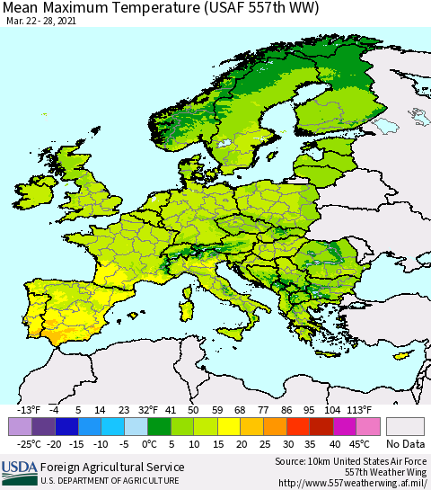 Europe Mean Maximum Temperature (USAF 557th WW) Thematic Map For 3/22/2021 - 3/28/2021