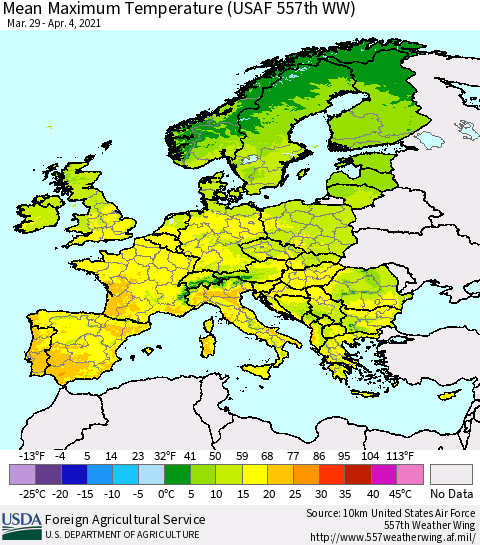 Europe Mean Maximum Temperature (USAF 557th WW) Thematic Map For 3/29/2021 - 4/4/2021