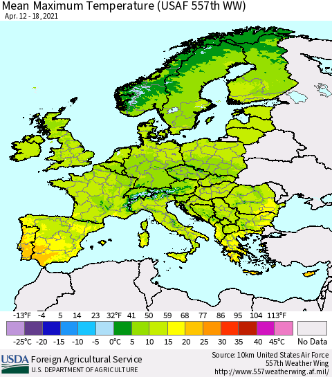 Europe Mean Maximum Temperature (USAF 557th WW) Thematic Map For 4/12/2021 - 4/18/2021
