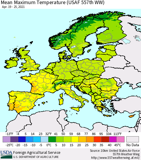 Europe Mean Maximum Temperature (USAF 557th WW) Thematic Map For 4/19/2021 - 4/25/2021