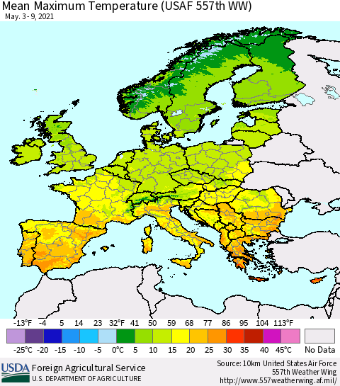 Europe Mean Maximum Temperature (USAF 557th WW) Thematic Map For 5/3/2021 - 5/9/2021
